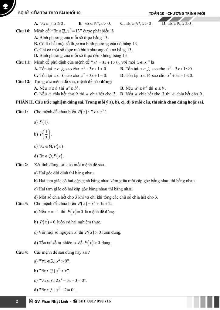 bộ đề kiểm tra theo bài học môn toán 10 học kì 1 chương trình mới 2