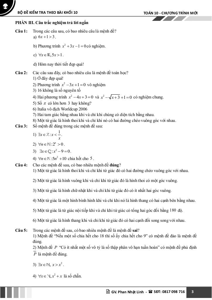 bộ đề kiểm tra theo bài học môn toán 10 học kì 1 chương trình mới 3