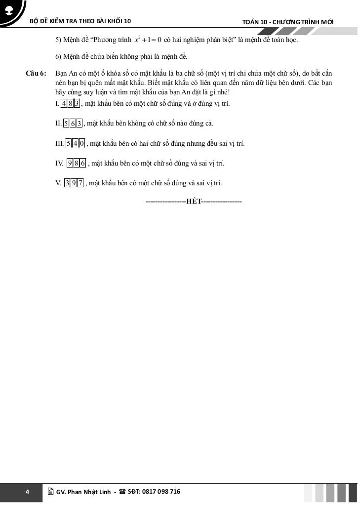 bộ đề kiểm tra theo bài học môn toán 10 học kì 1 chương trình mới 4