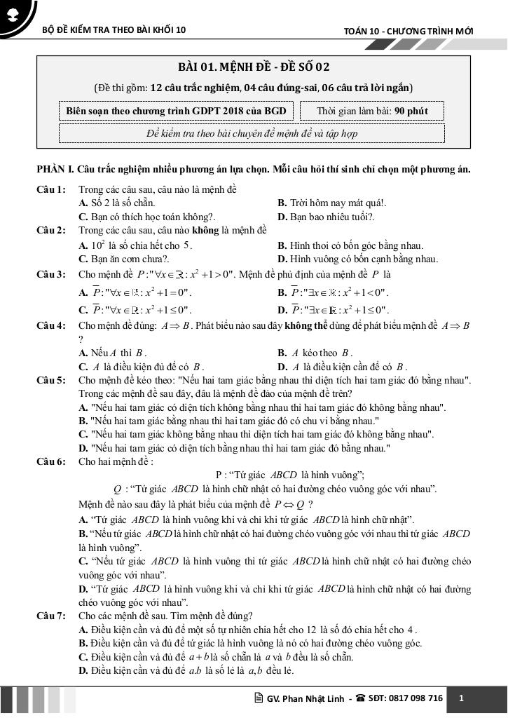 bộ đề kiểm tra theo bài học môn toán 10 học kì 1 chương trình mới 5