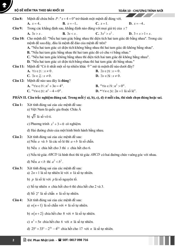 bộ đề kiểm tra theo bài học môn toán 10 học kì 1 chương trình mới 6