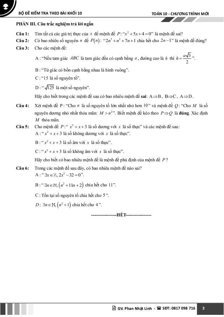 bộ đề kiểm tra theo bài học môn toán 10 học kì 1 chương trình mới 7