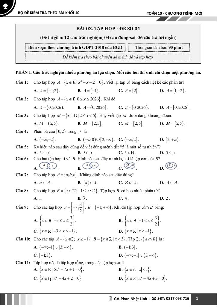 bộ đề kiểm tra theo bài học môn toán 10 học kì 1 chương trình mới 8