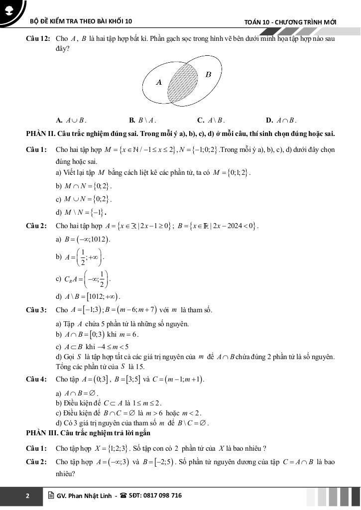 bộ đề kiểm tra theo bài học môn toán 10 học kì 1 chương trình mới 9