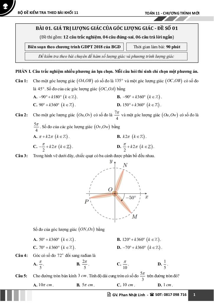 bộ đề kiểm tra theo bài học môn toán 11 học kì 1 chương trình mới 1