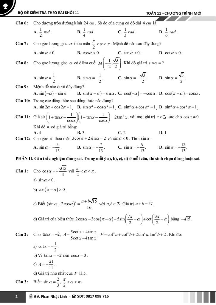 bộ đề kiểm tra theo bài học môn toán 11 học kì 1 chương trình mới 2