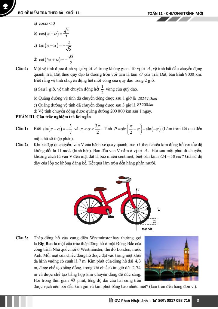 bộ đề kiểm tra theo bài học môn toán 11 học kì 1 chương trình mới 3
