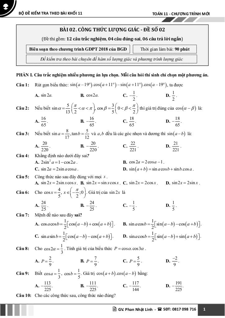 bộ đề kiểm tra theo bài học môn toán 11 học kì 1 chương trình mới 5