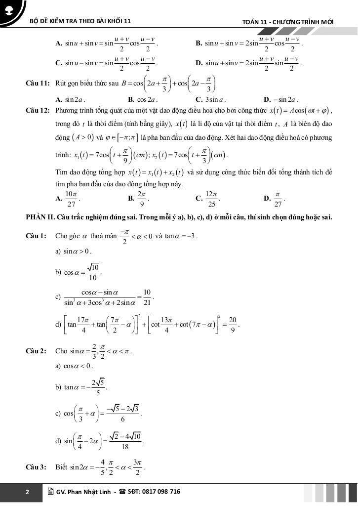 bộ đề kiểm tra theo bài học môn toán 11 học kì 1 chương trình mới 6