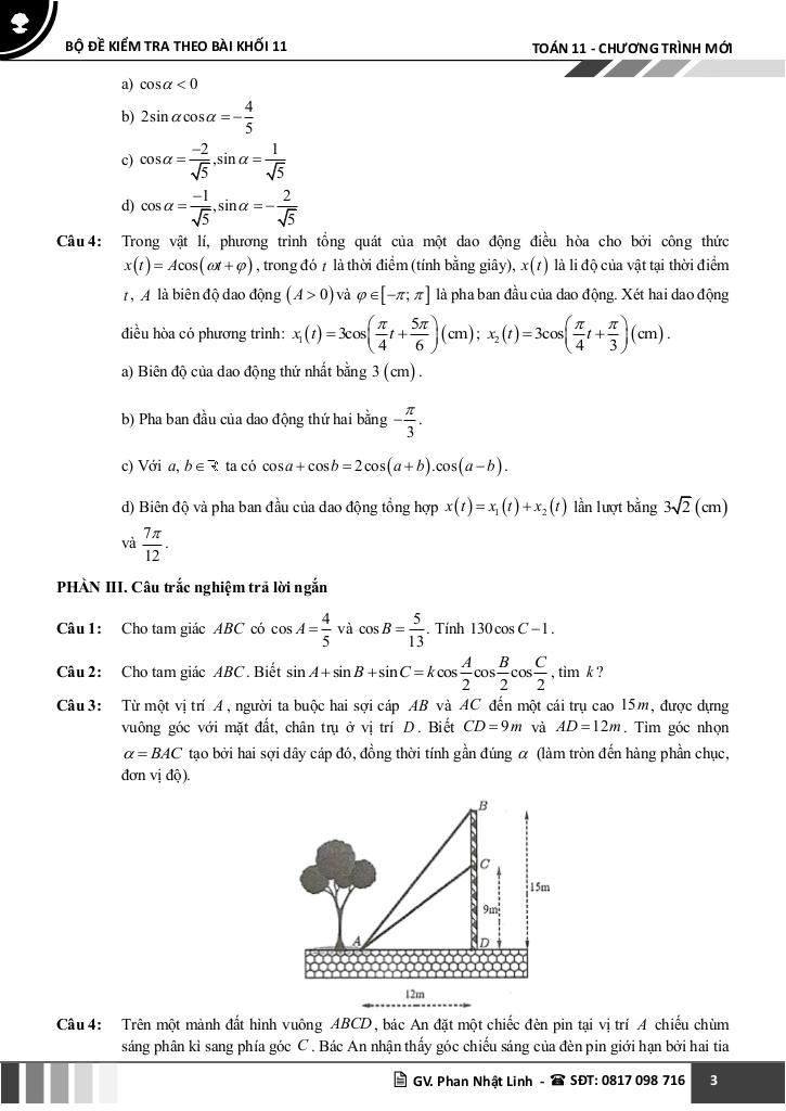 bộ đề kiểm tra theo bài học môn toán 11 học kì 1 chương trình mới 7