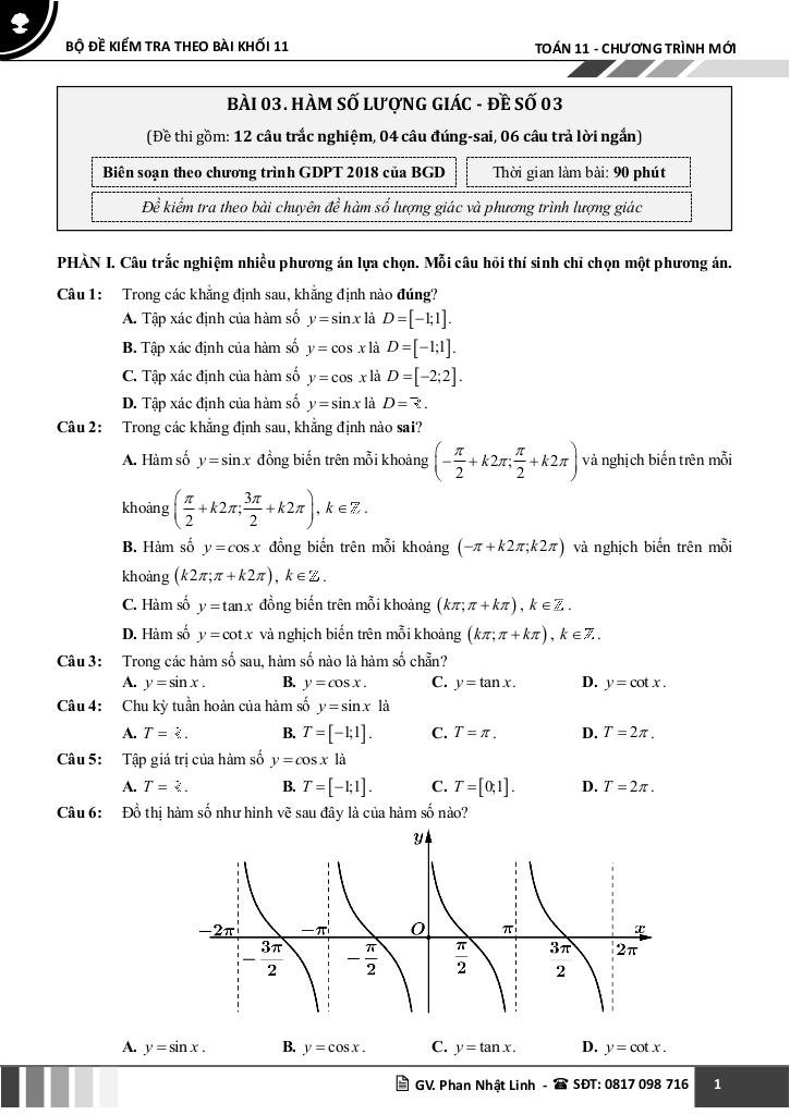 bộ đề kiểm tra theo bài học môn toán 11 học kì 1 chương trình mới 9