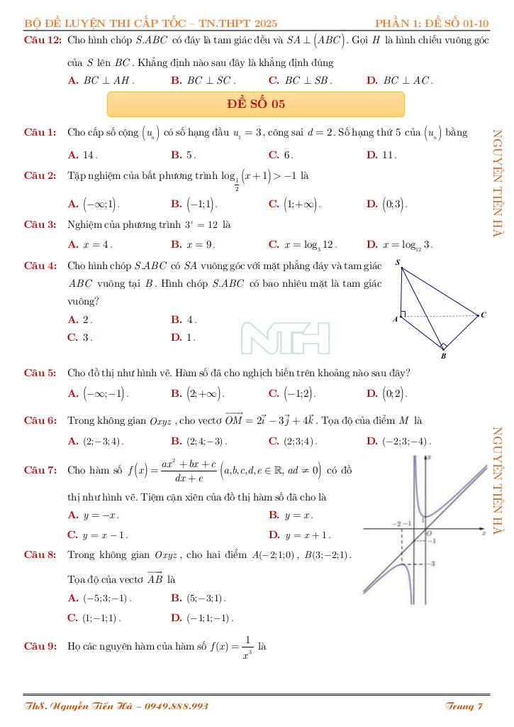 bộ đề luyện thi cấp tốc tốt nghiệp thpt 2025 môn toán – nguyễn tiến hà 9