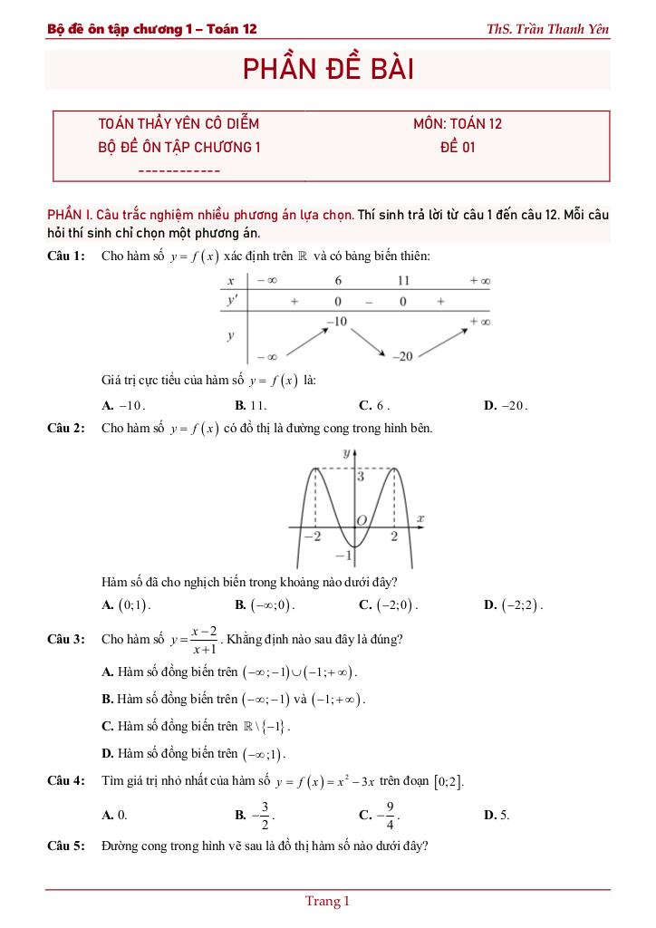 bộ đề ôn tập chương ứng dụng đạo hàm để khảo sát và vẽ đồ thị hàm số 2