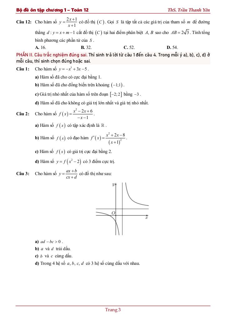 bộ đề ôn tập chương ứng dụng đạo hàm để khảo sát và vẽ đồ thị hàm số 4
