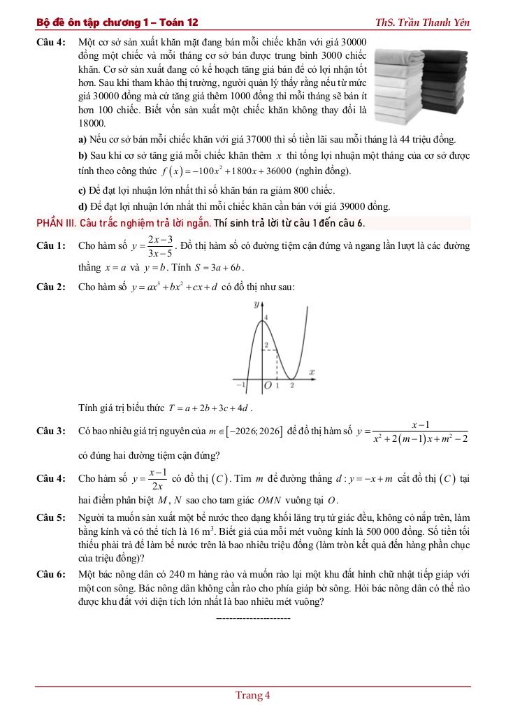 bộ đề ôn tập chương ứng dụng đạo hàm để khảo sát và vẽ đồ thị hàm số 5