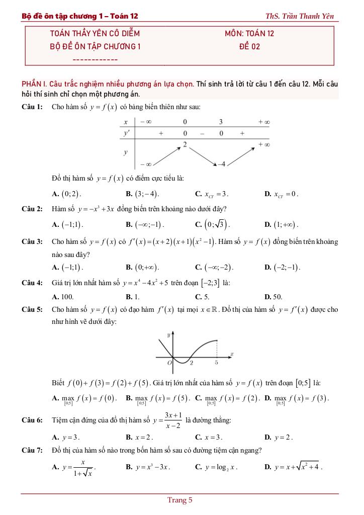 bộ đề ôn tập chương ứng dụng đạo hàm để khảo sát và vẽ đồ thị hàm số 6