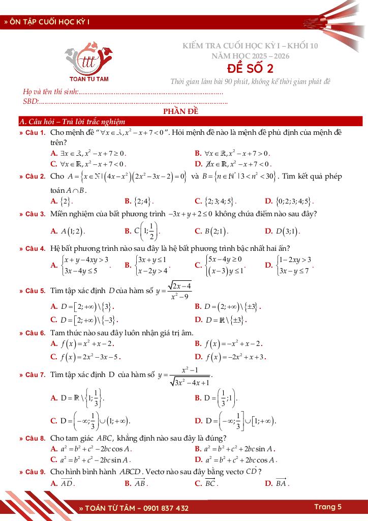 bộ đề ôn tập cuối học kỳ 1 môn toán 10 cánh diều năm học 2025 – 2026 5