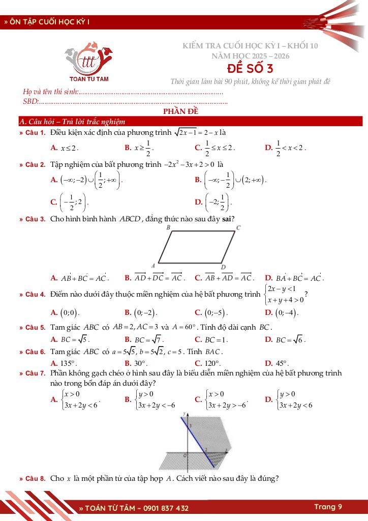 bộ đề ôn tập cuối học kỳ 1 môn toán 10 cánh diều năm học 2025 – 2026 9