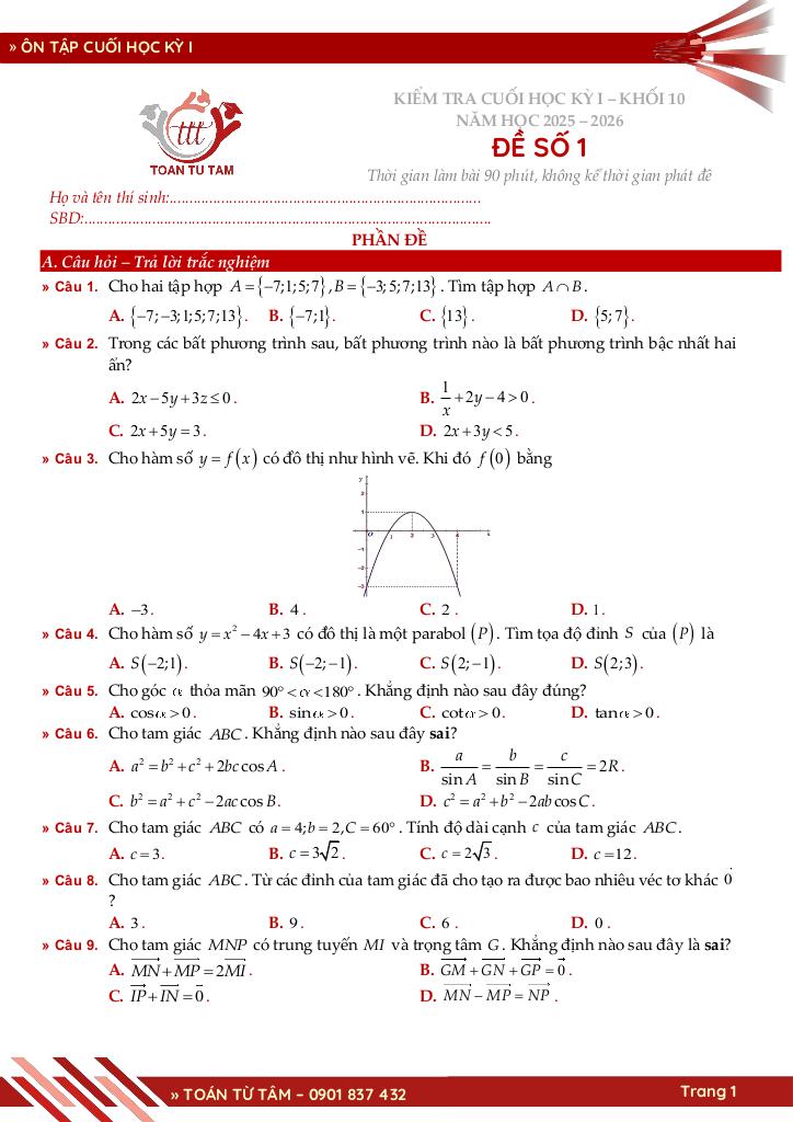 bộ đề ôn tập cuối học kỳ 1 môn toán 10 ctst năm học 2025 – 2026 1