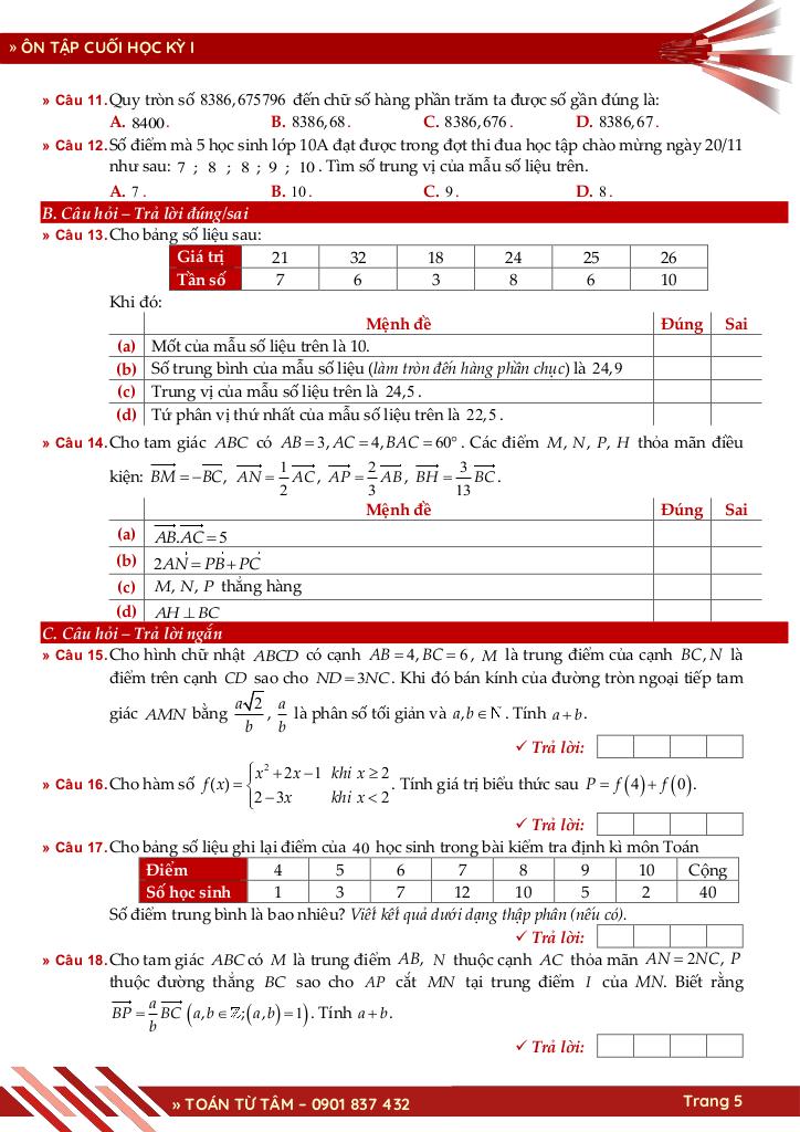 bộ đề ôn tập cuối học kỳ 1 môn toán 10 ctst năm học 2025 – 2026 5