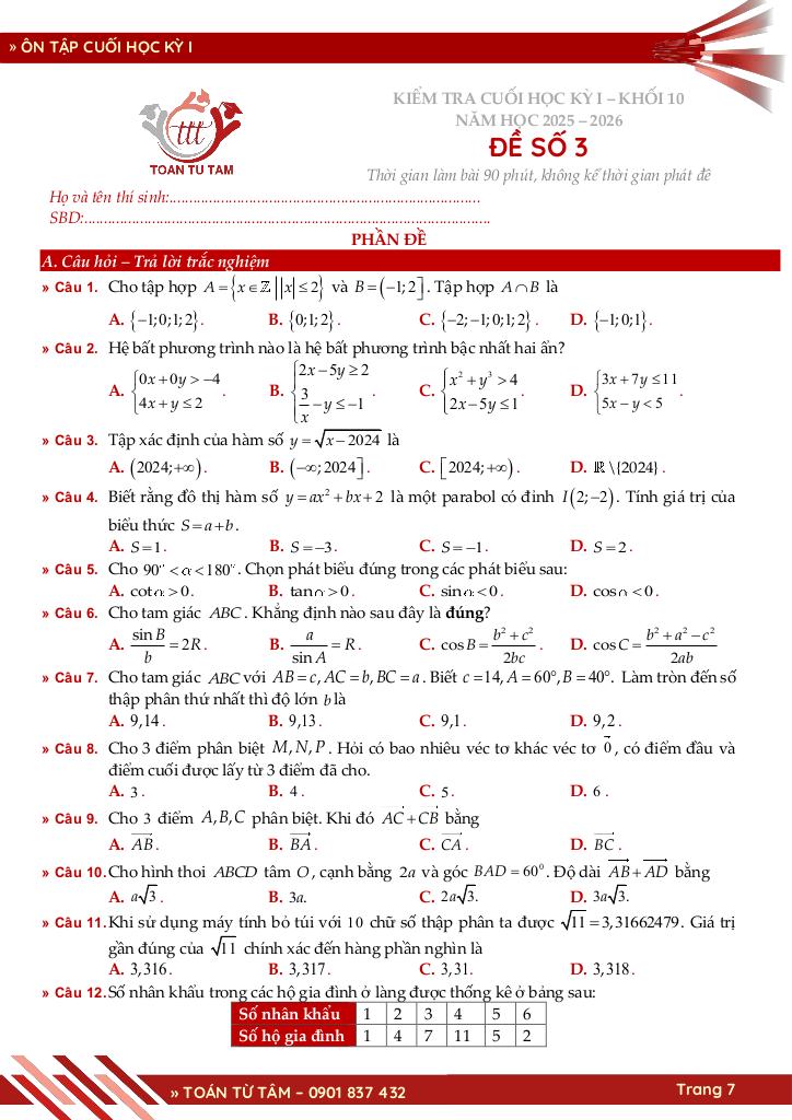 bộ đề ôn tập cuối học kỳ 1 môn toán 10 ctst năm học 2025 – 2026 7