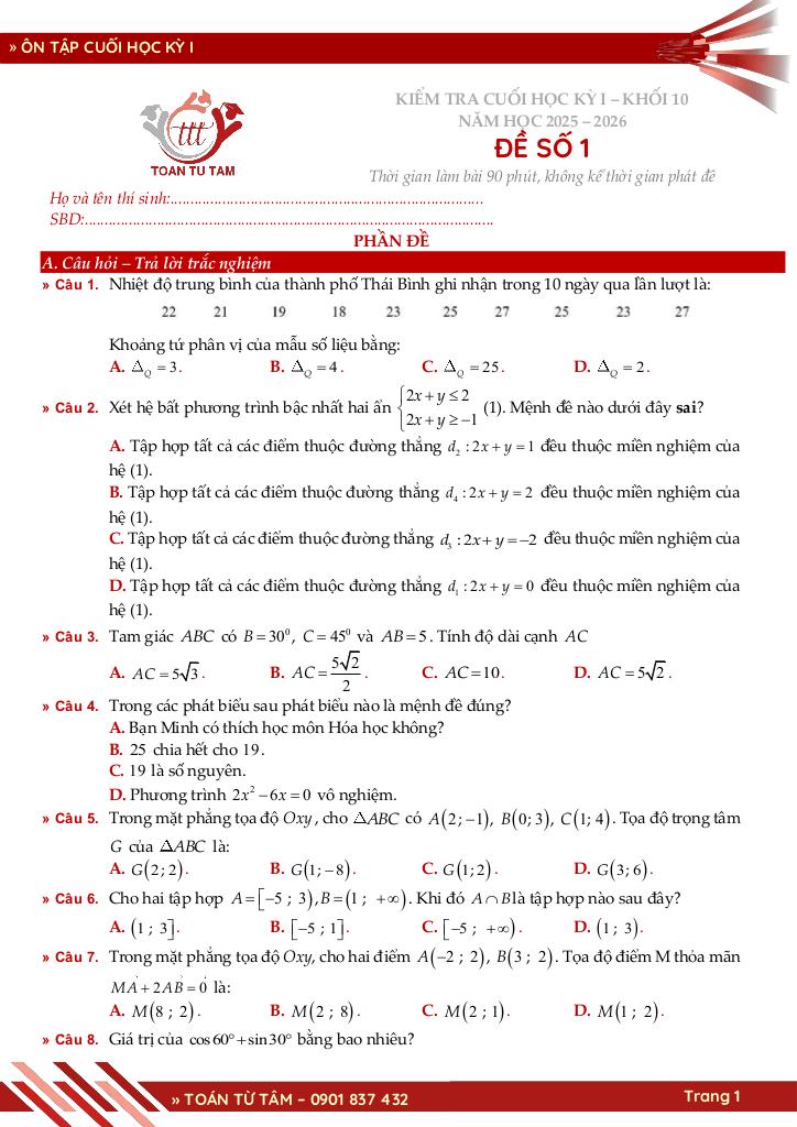 bộ đề ôn tập cuối học kỳ 1 môn toán 10 knttvcs năm học 2025 – 2026 1