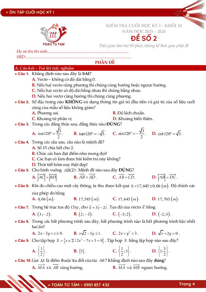 bộ đề ôn tập cuối học kỳ 1 môn toán 10 knttvcs năm học 2025 – 2026 4