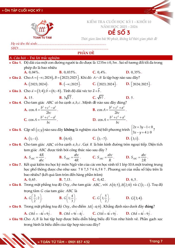 bộ đề ôn tập cuối học kỳ 1 môn toán 10 knttvcs năm học 2025 – 2026 7