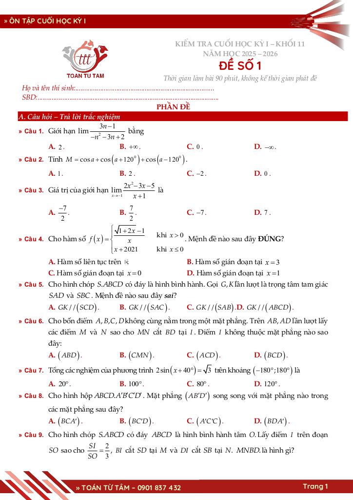 bộ đề ôn tập cuối học kỳ 1 môn toán 11 cánh diều năm học 2025 – 2026 1