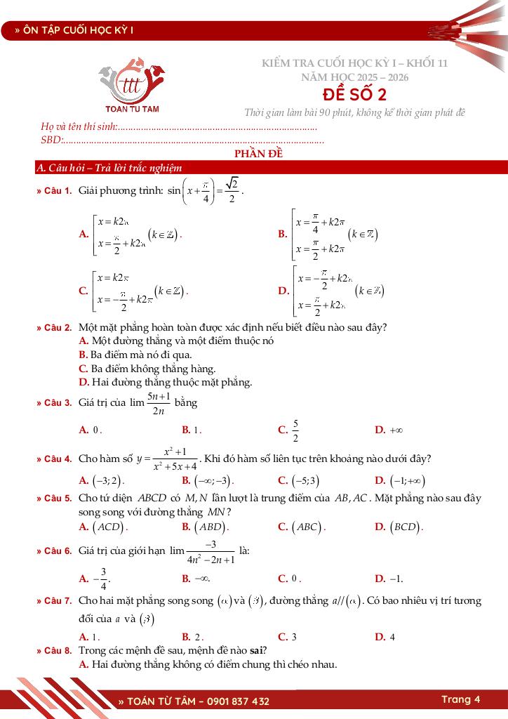 bộ đề ôn tập cuối học kỳ 1 môn toán 11 cánh diều năm học 2025 – 2026 4