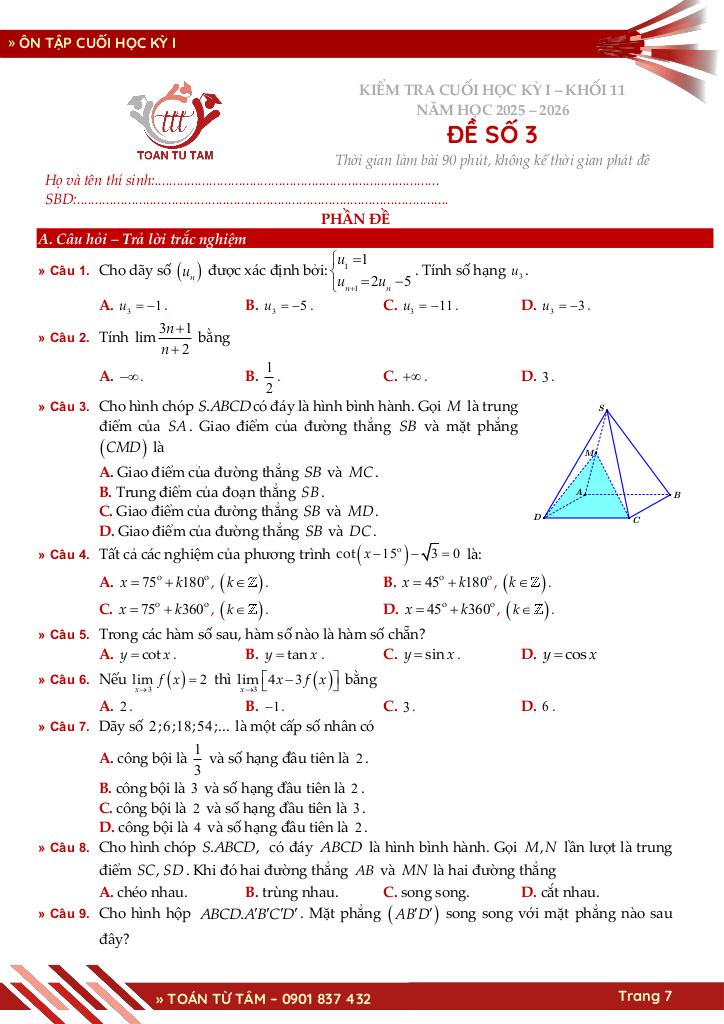 bộ đề ôn tập cuối học kỳ 1 môn toán 11 cánh diều năm học 2025 – 2026 7