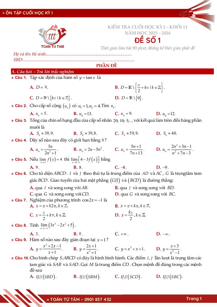 bộ đề ôn tập cuối học kỳ 1 môn toán 11 ctst năm học 2025 – 2026 1
