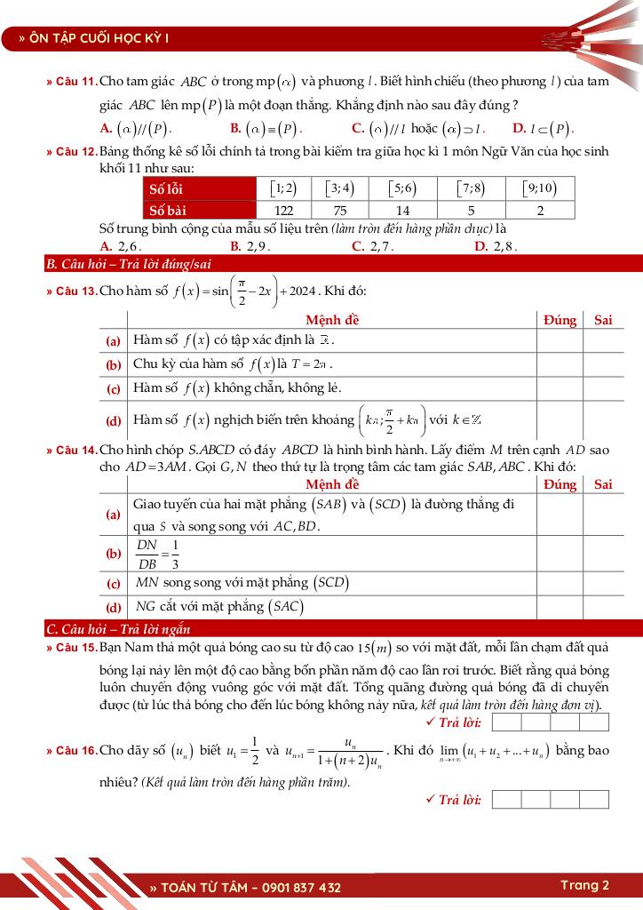 bộ đề ôn tập cuối học kỳ 1 môn toán 11 ctst năm học 2025 – 2026 2