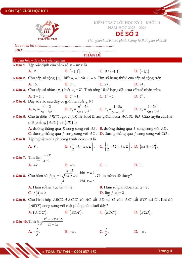 bộ đề ôn tập cuối học kỳ 1 môn toán 11 ctst năm học 2025 – 2026 4