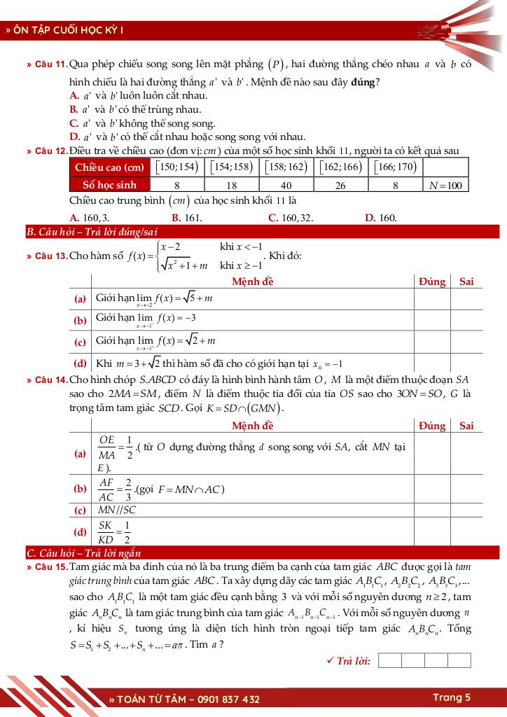 bộ đề ôn tập cuối học kỳ 1 môn toán 11 ctst năm học 2025 – 2026 5