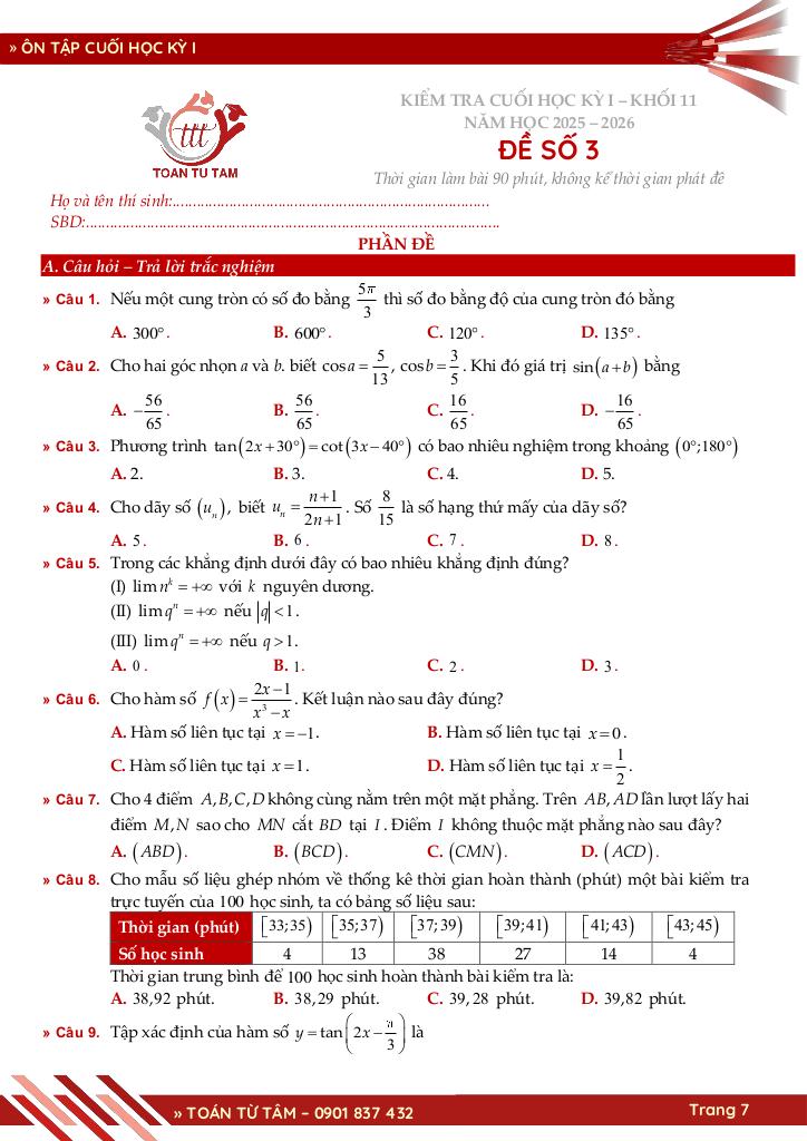 bộ đề ôn tập cuối học kỳ 1 môn toán 11 ctst năm học 2025 – 2026 7
