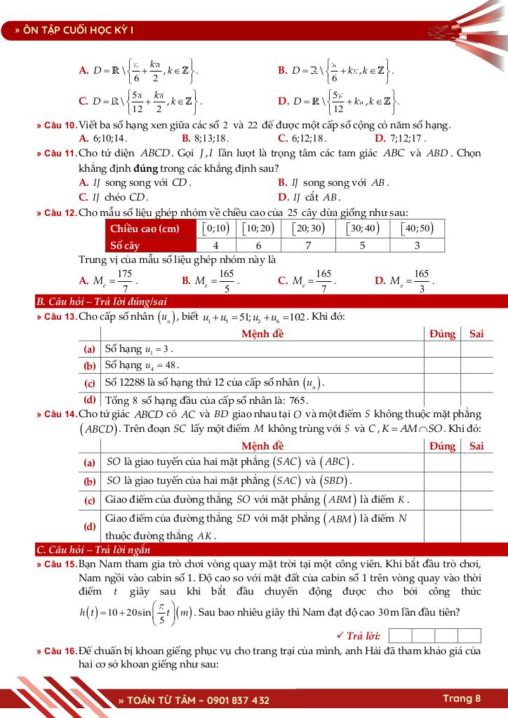 bộ đề ôn tập cuối học kỳ 1 môn toán 11 ctst năm học 2025 – 2026 8