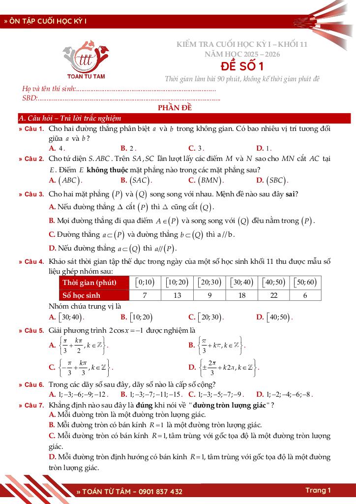 bộ đề ôn tập cuối học kỳ 1 môn toán 11 knttvcs năm học 2025 – 2026 1