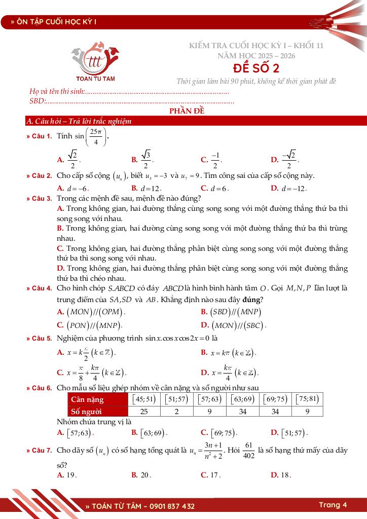 bộ đề ôn tập cuối học kỳ 1 môn toán 11 knttvcs năm học 2025 – 2026 4