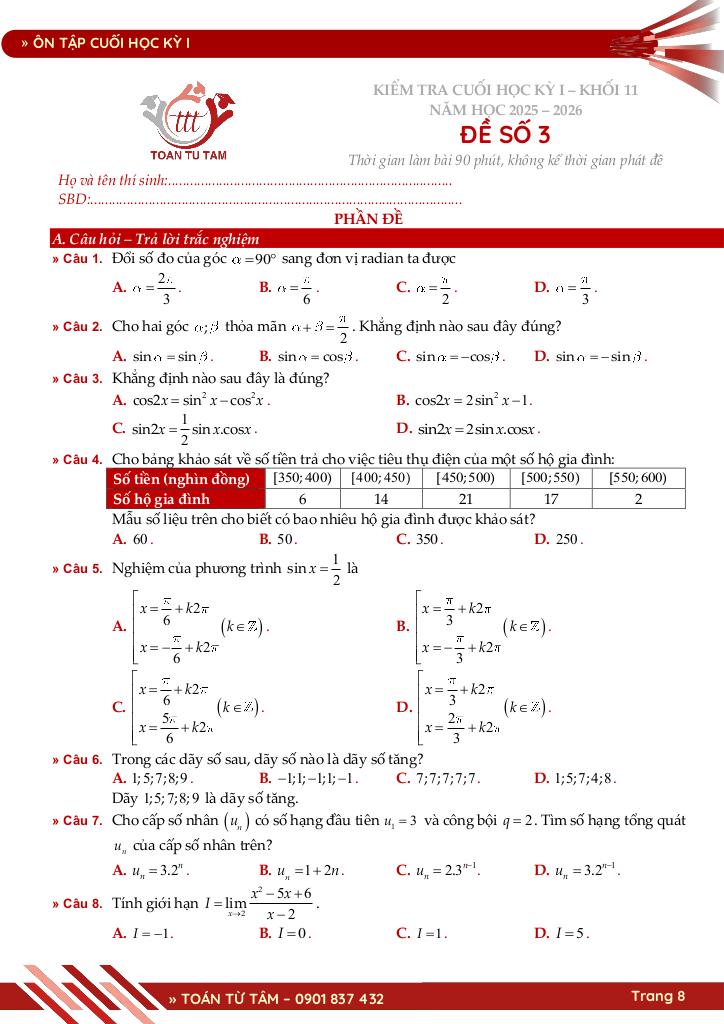 bộ đề ôn tập cuối học kỳ 1 môn toán 11 knttvcs năm học 2025 – 2026 8