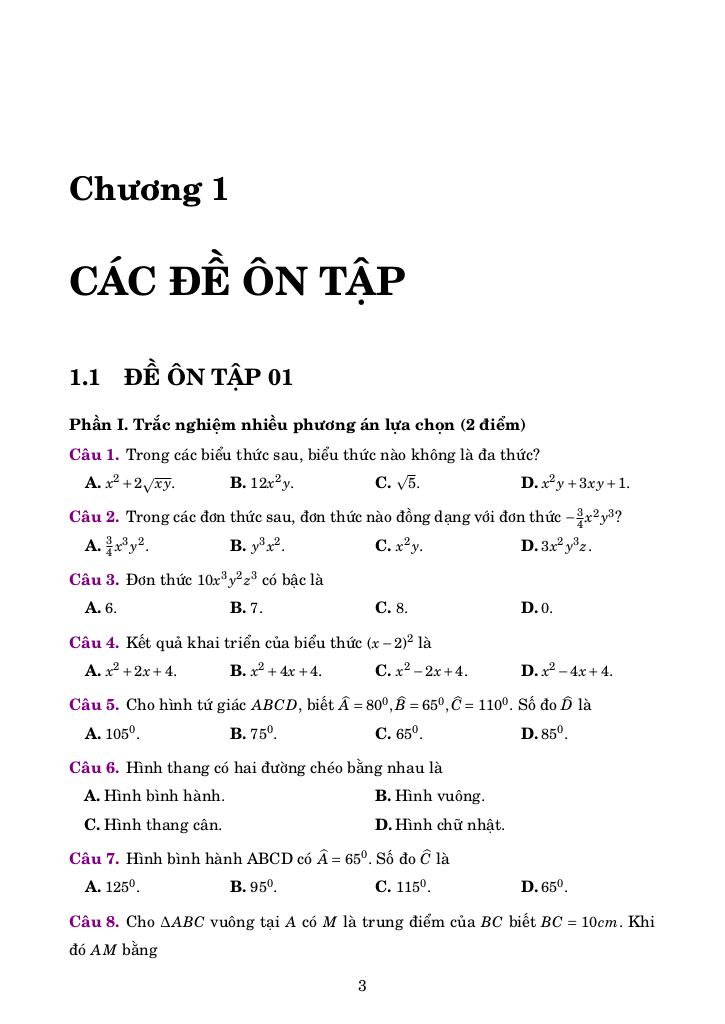 bộ đề ôn tập giữa học kì 1 môn toán 8 có đáp án và lời giải chi tiết 3