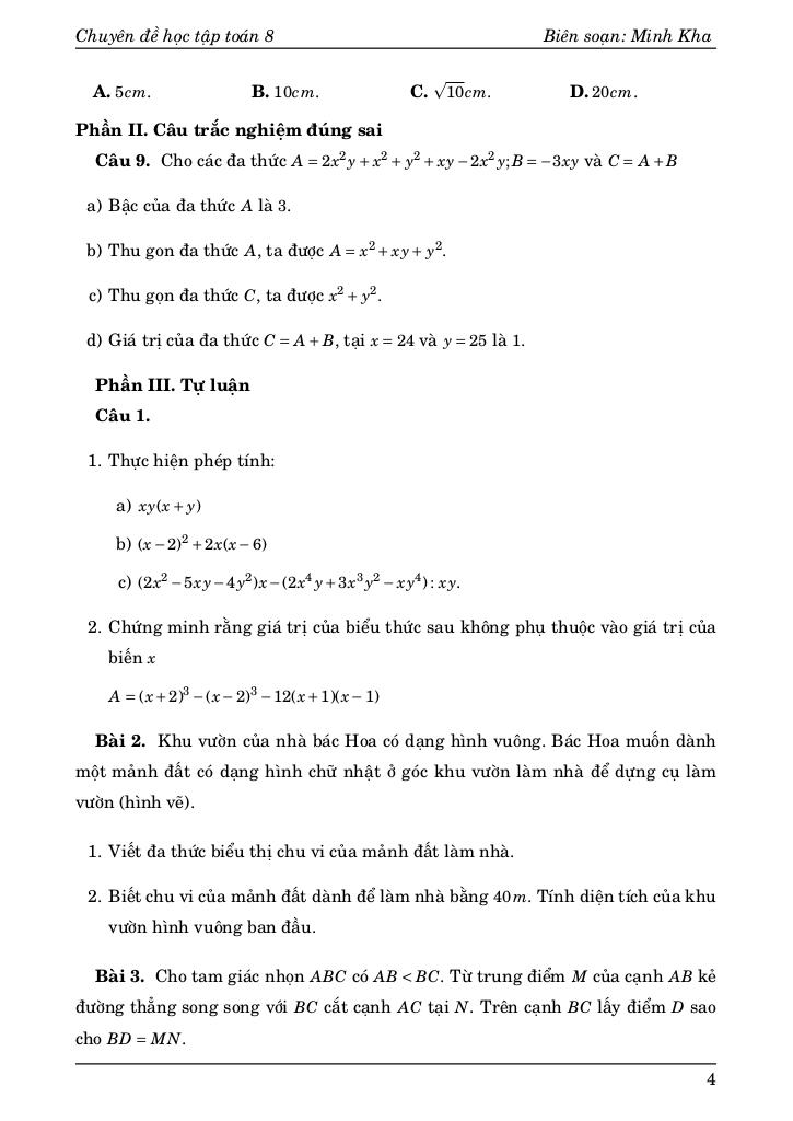 bộ đề ôn tập giữa học kì 1 môn toán 8 có đáp án và lời giải chi tiết 4