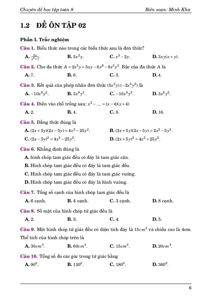bộ đề ôn tập giữa học kì 1 môn toán 8 có đáp án và lời giải chi tiết 6