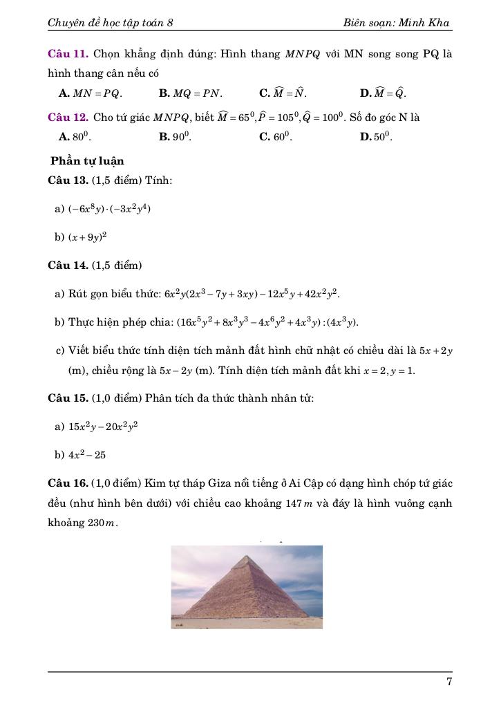 bộ đề ôn tập giữa học kì 1 môn toán 8 có đáp án và lời giải chi tiết 7