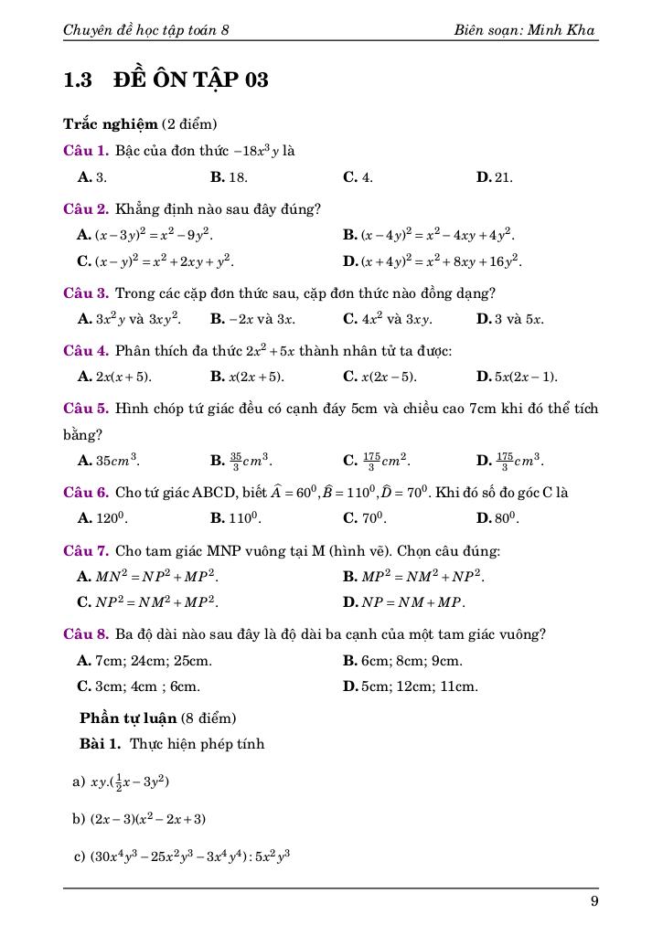 bộ đề ôn tập giữa học kì 1 môn toán 8 có đáp án và lời giải chi tiết 9