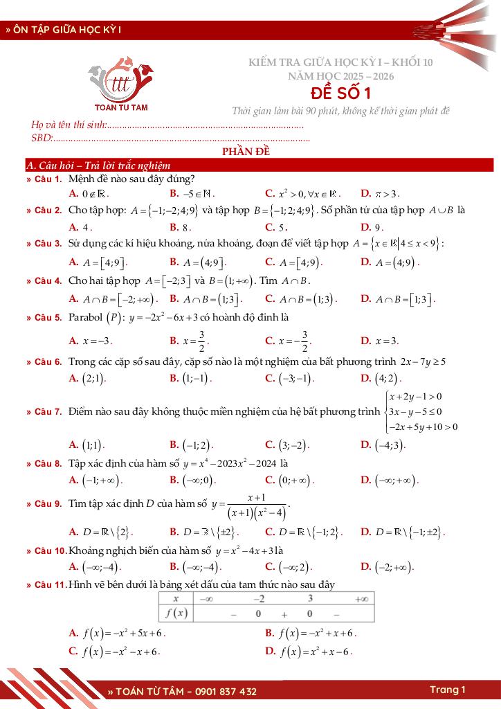 bộ đề ôn tập giữa học kỳ 1 môn toán 10 cánh diều năm học 2025 – 2026 1