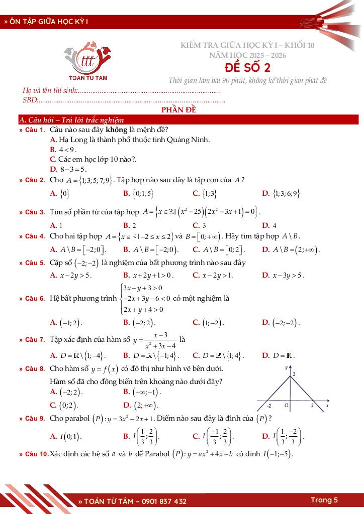 bộ đề ôn tập giữa học kỳ 1 môn toán 10 cánh diều năm học 2025 – 2026 5
