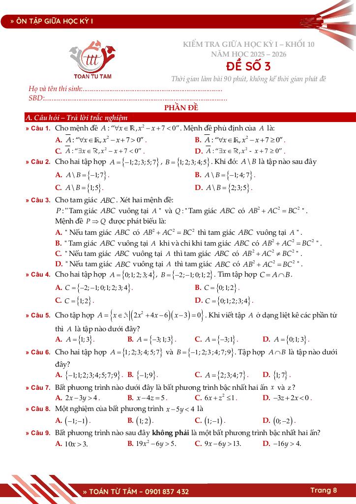 bộ đề ôn tập giữa học kỳ 1 môn toán 10 cánh diều năm học 2025 – 2026 8