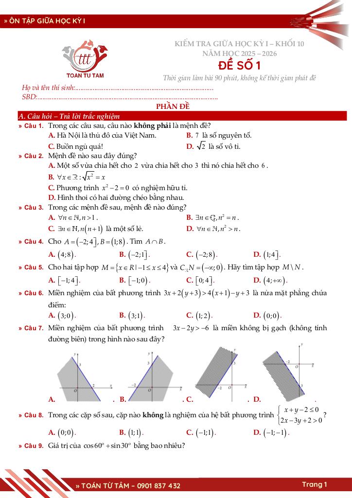 bộ đề ôn tập giữa học kỳ 1 môn toán 10 ctst năm học 2025 – 2026 1