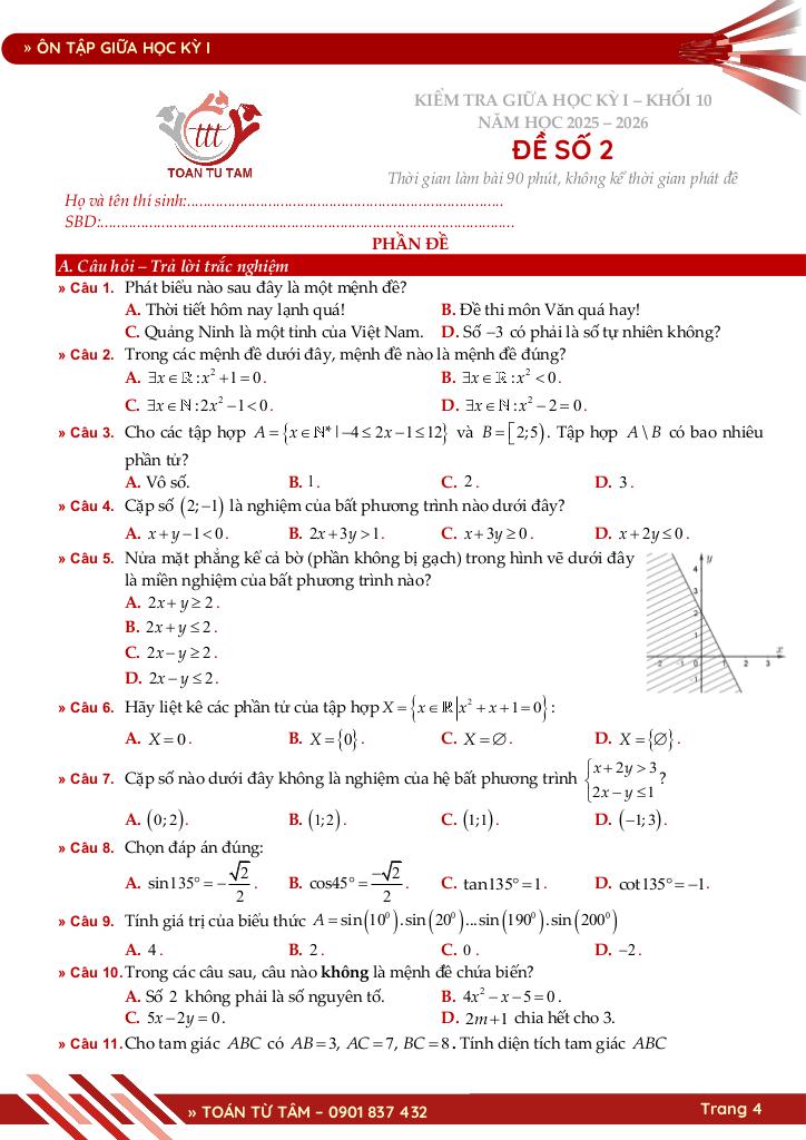 bộ đề ôn tập giữa học kỳ 1 môn toán 10 ctst năm học 2025 – 2026 4